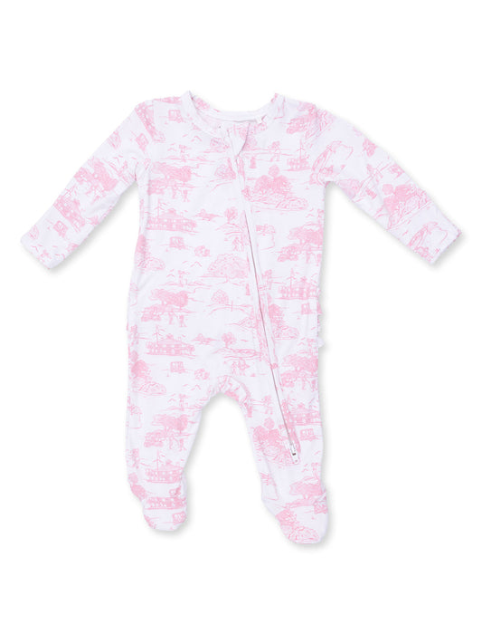 Golf Toile Pink | 2 Way Ruffle Back Zipper Footie