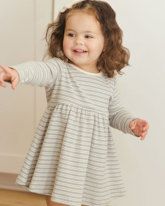RIBBED LONG SLEEVE DRESS || STEEL BLUE MICRO STRIPE