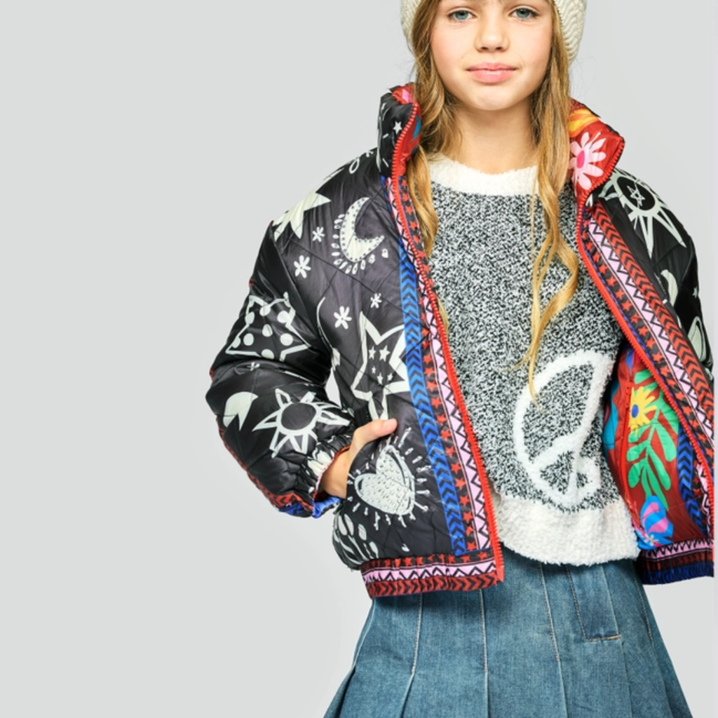 Girls Reversible Puffer Jacket | Black Multi