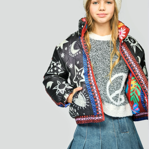 Girls Reversible Puffer Jacket | Black Multi