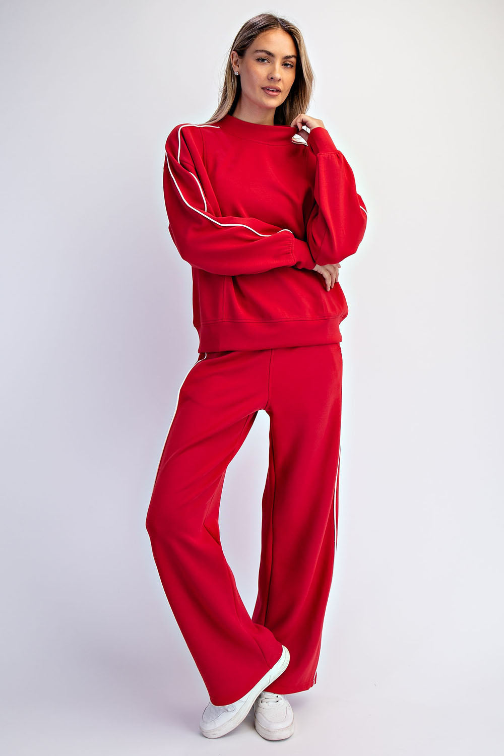 Modal Two Stripe Piping Mock Neck Sweat Set | True Red & Cream