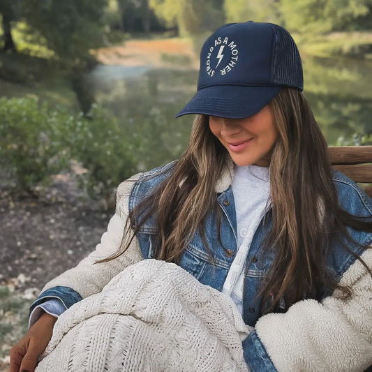 Strong As A Mother Embroidered Trucker Hat | Navy