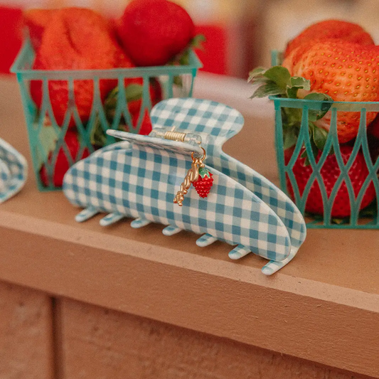 Strawberry Charm Claw Clip | Blue Gingham