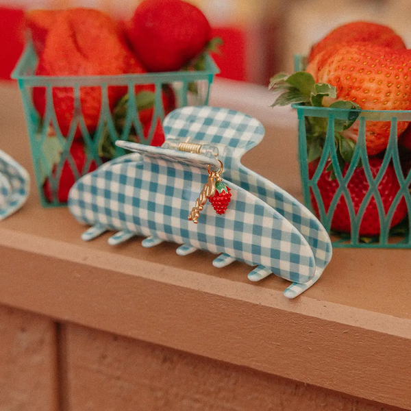 Strawberry Charm Claw Clip | Blue Gingham