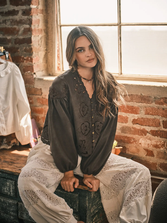 Leather Embroidered Blouse Top | Brown