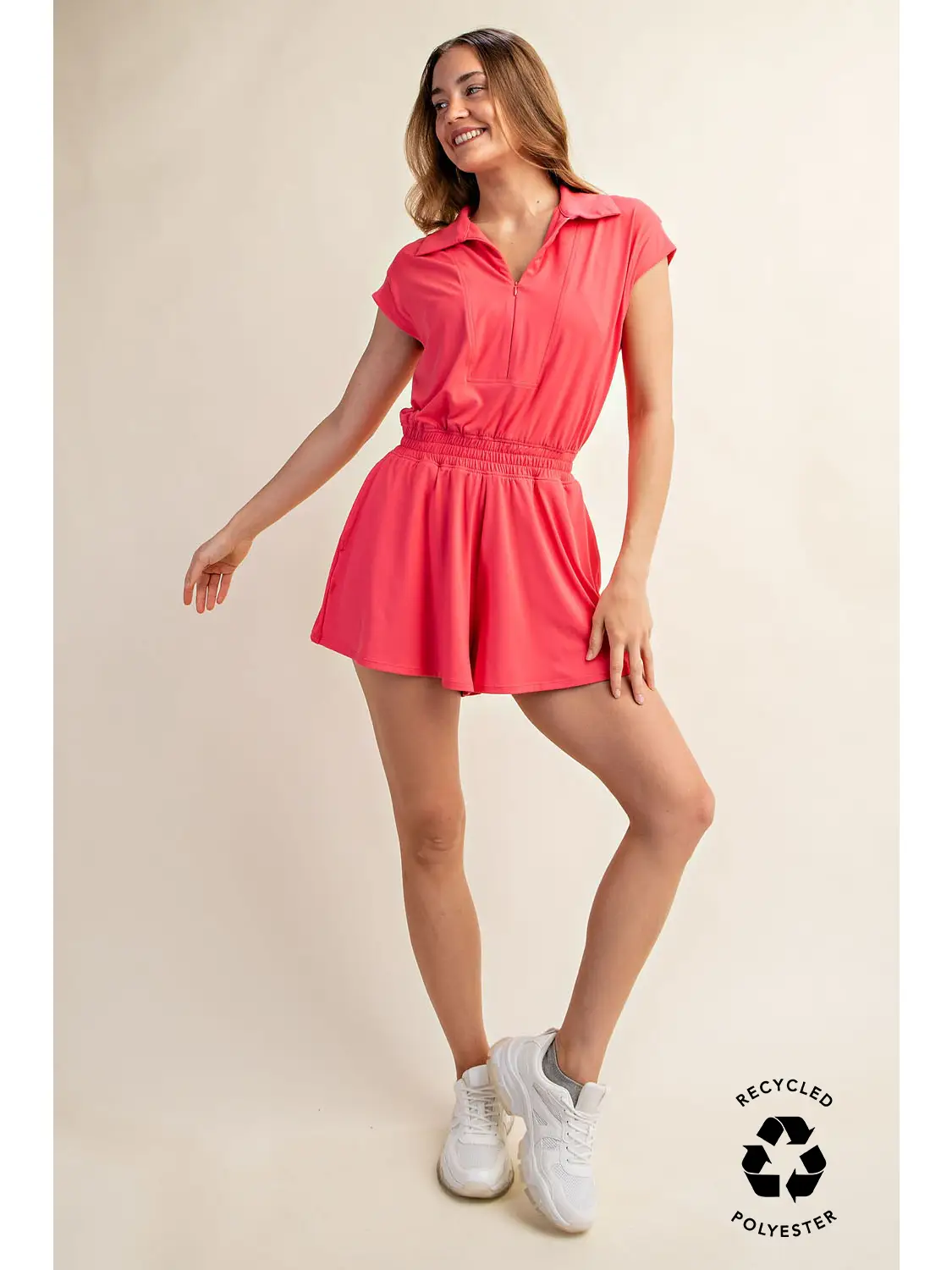Butter Soft Short Sleeve Quarter Zip Romper | Flamingo Pink