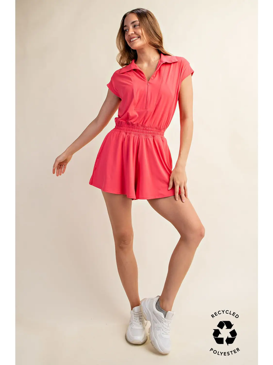 Butter Soft Short Sleeve Quarter Zip Romper | Flamingo Pink