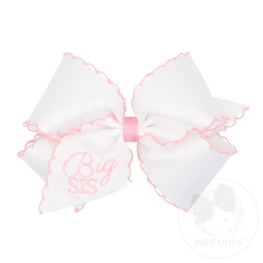 King Grosgrain Hair Bow with Light Pink Moonstitch Edge and Big Sis Embroidery
