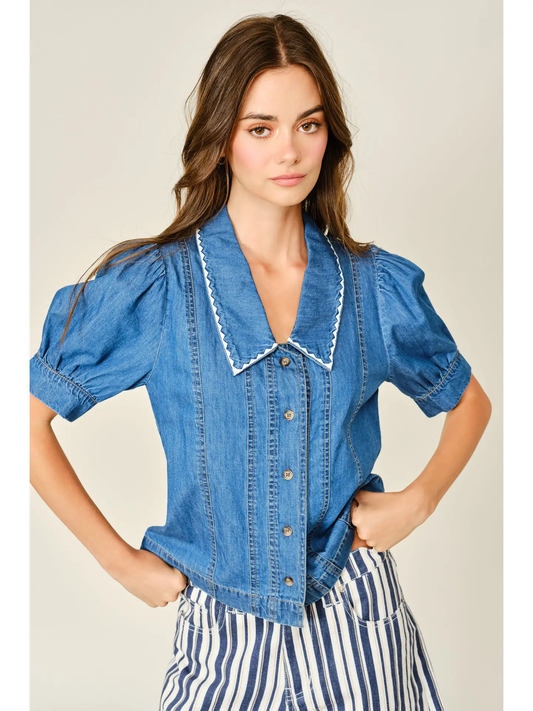 Collar Embroidered Denim Button Down Shirt