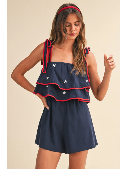 Star Embroidered Ruffle Tie Shoulder Romper