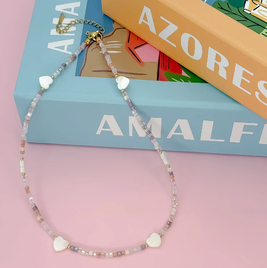 Heart Parade Beaded Necklace| Light Pink