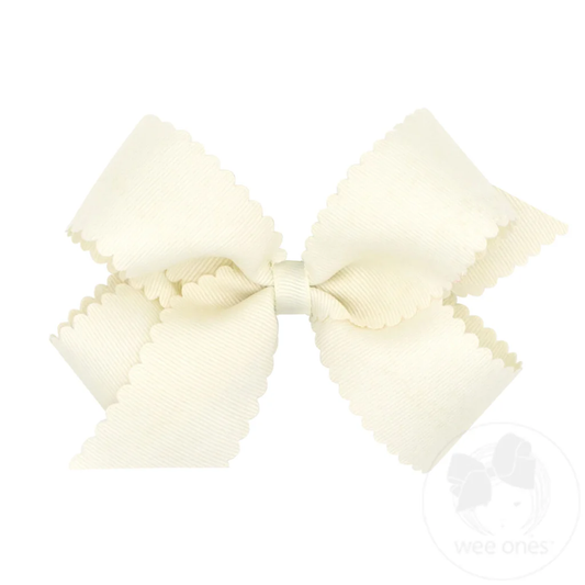 Medium Grosgrain Hair Bow with Scalloped Edge | Antique White