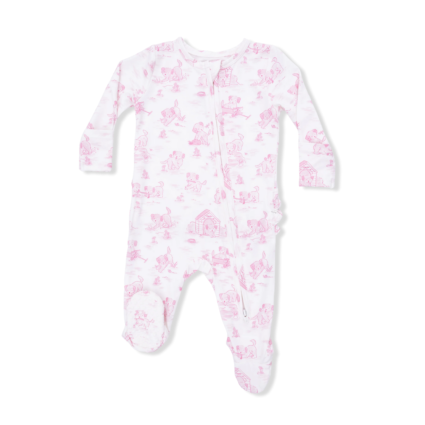2 Way Ruffle Back Zipper Footie | Puppy Toile Pink