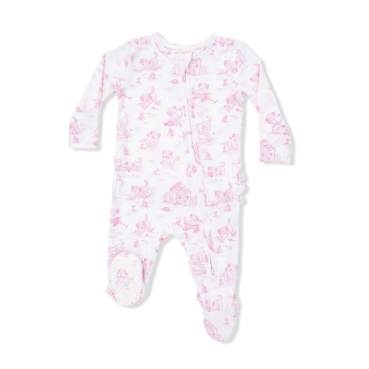 2 Way Ruffle Back Zipper Footie | Puppy Toile Pink