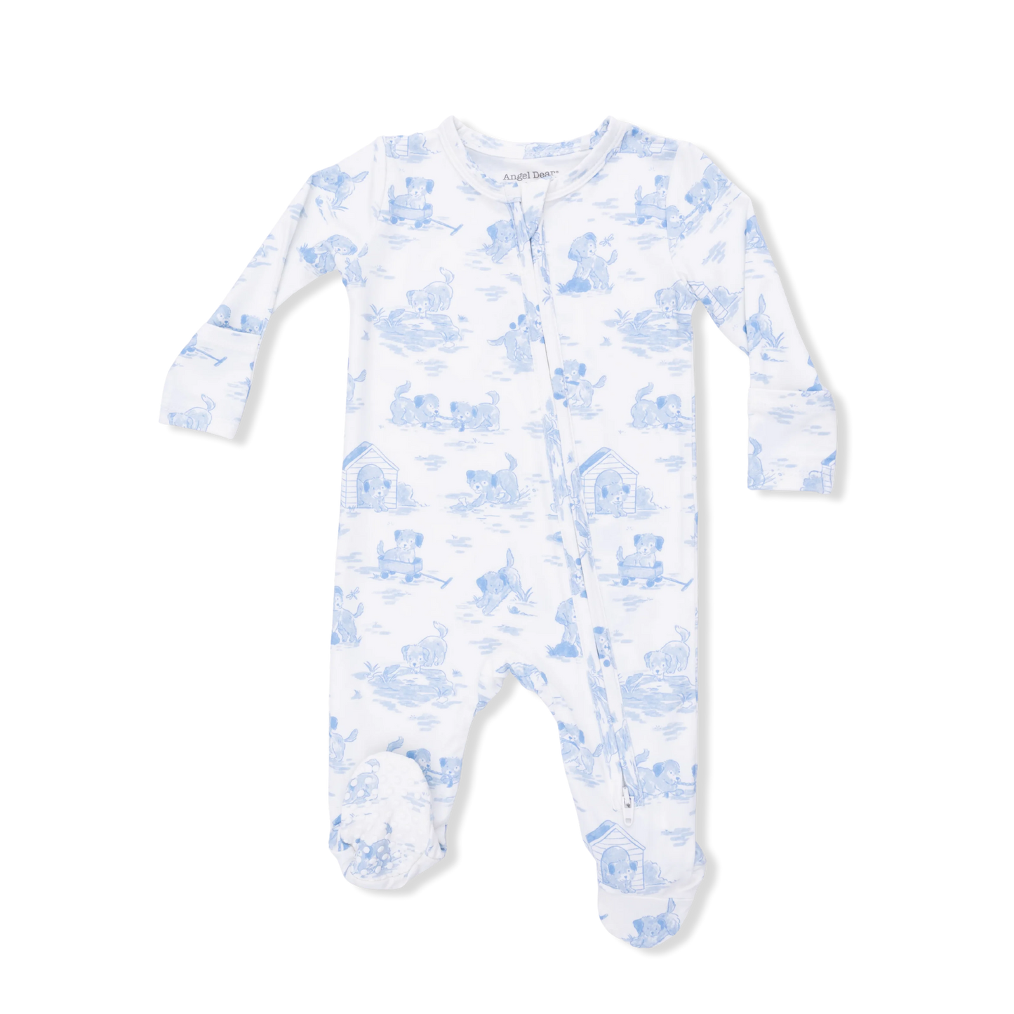2 Way Ruffle Back Zipper Footie | Puppy Toile Blue