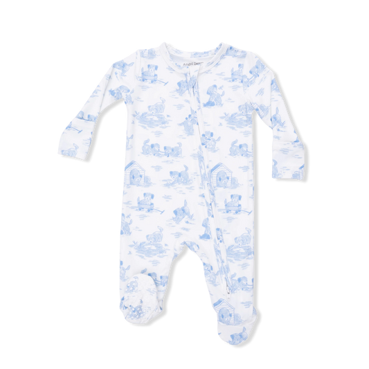 2 Way Ruffle Back Zipper Footie | Puppy Toile Blue