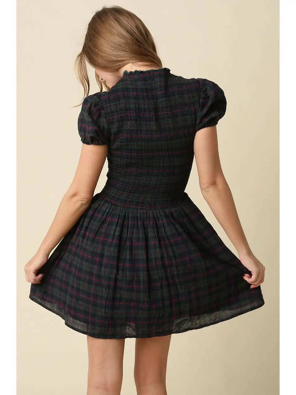 Rowan Plaid Smocked Mini Dress | Hunter Green and Brown