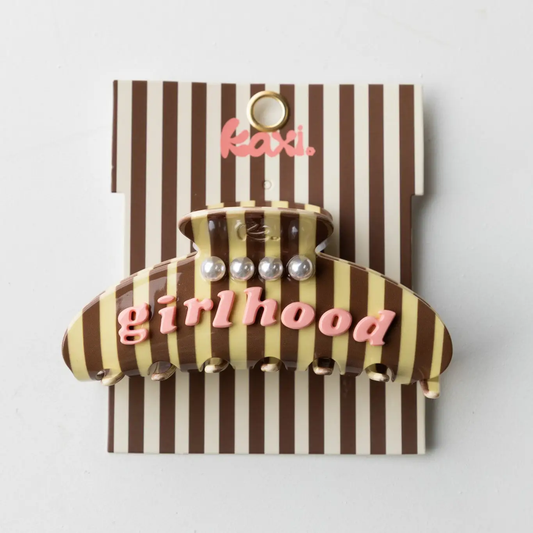Girlhood Oversized Claw Clip | Brown Striped with Pearls
