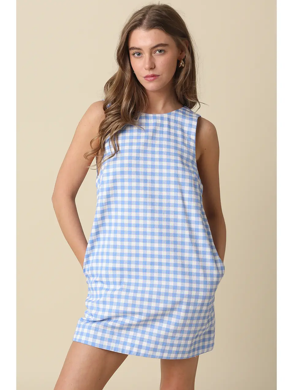 Rylie Gingham Open Back Mini Dress | Light Blue