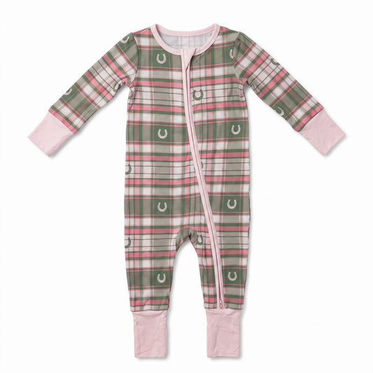 Zipper Romper | Pink Horseshoe Plaid