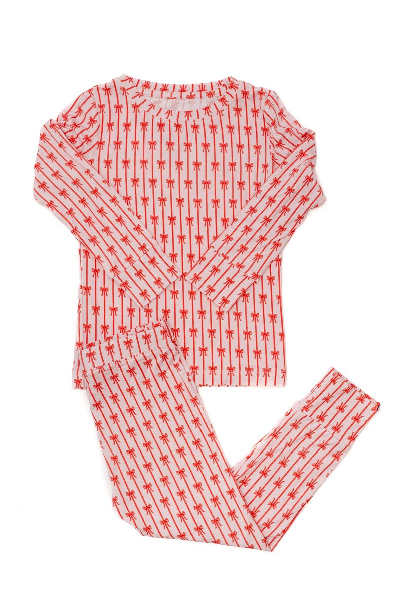 Pink & Red Bow Two-Piece Pajamas