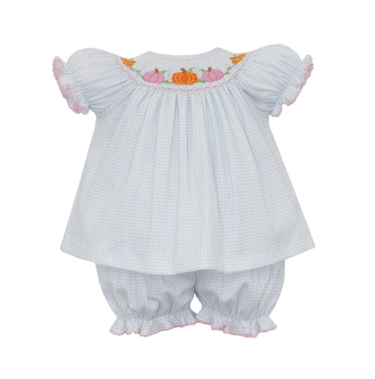 Smocked Pumpkins | Blue Gingham Bishop Bloomer Set