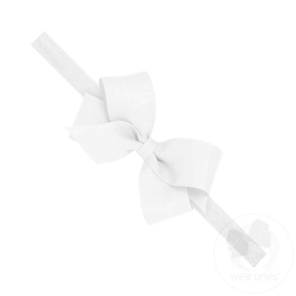 Mini Grosgrain Girls Hair Bow on a Soft Elastic Baby Band | White