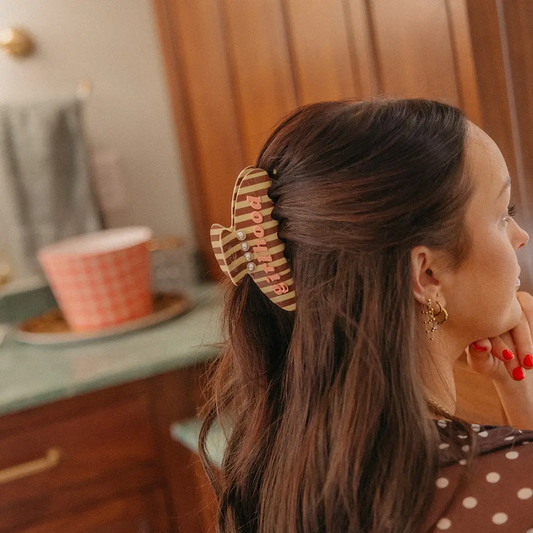 Girlhood Oversized Claw Clip | Brown Striped with Pearls