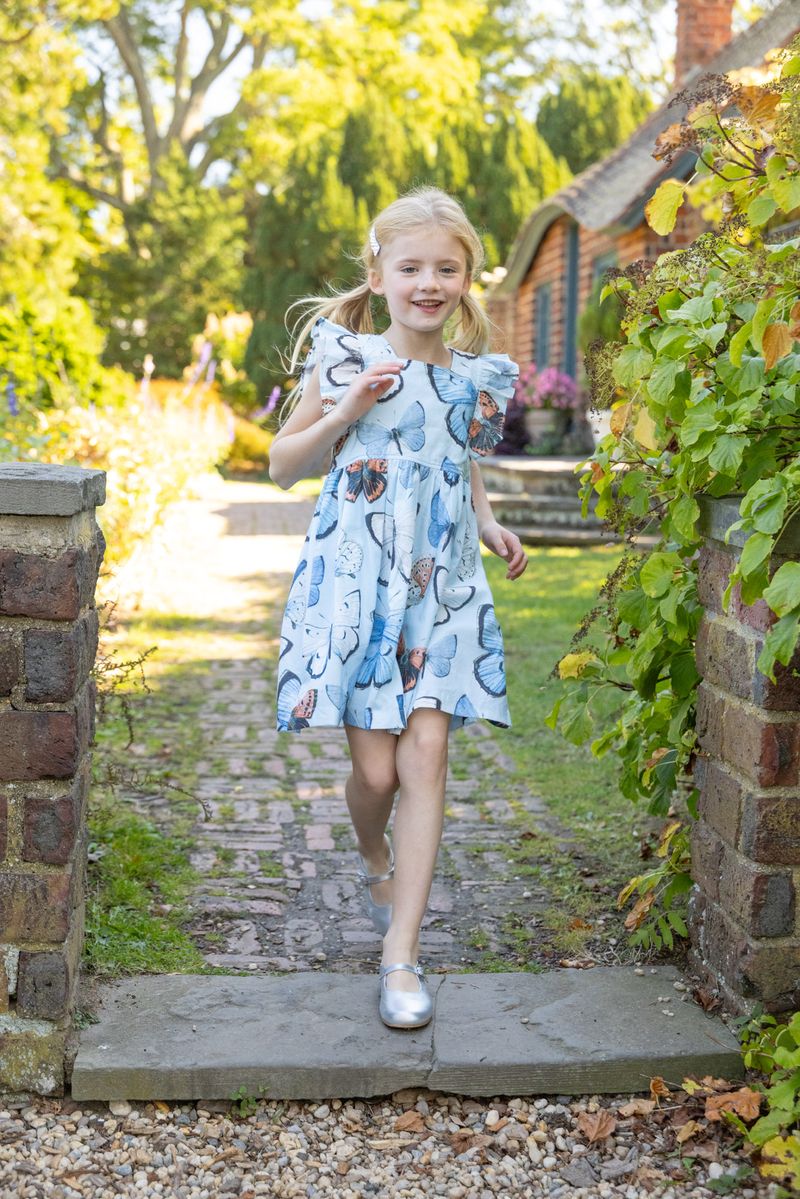 Girls Elsie Dress | Blue Vintage Butterflies