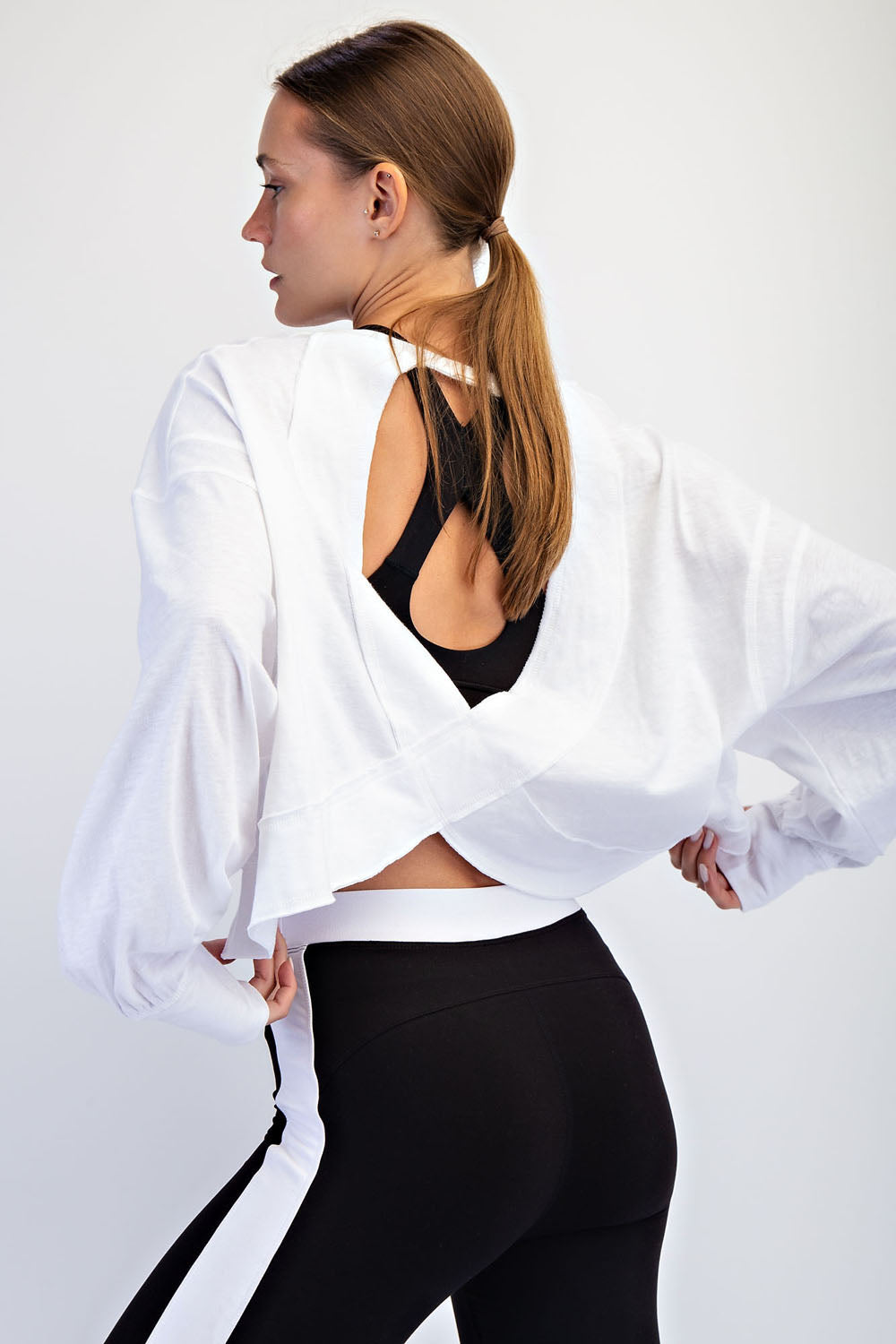 Cotton Open Back Long Sleeve Top | White