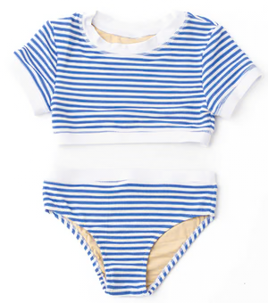 Ribbed Cropped Short Sleeve Girls Two-Piece Swimsuit | Cobalt Stripe