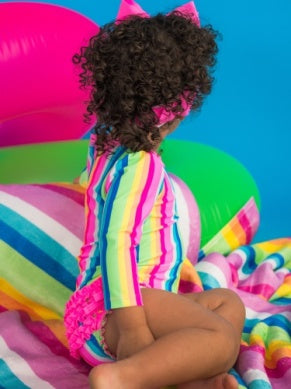 Long Sleeve One Piece Rash Guard Swimsuit | Neon Rainbow Stripe