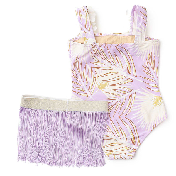 Purple Metallic Hula Girls One Piece & Fringe Skirt Swim Set