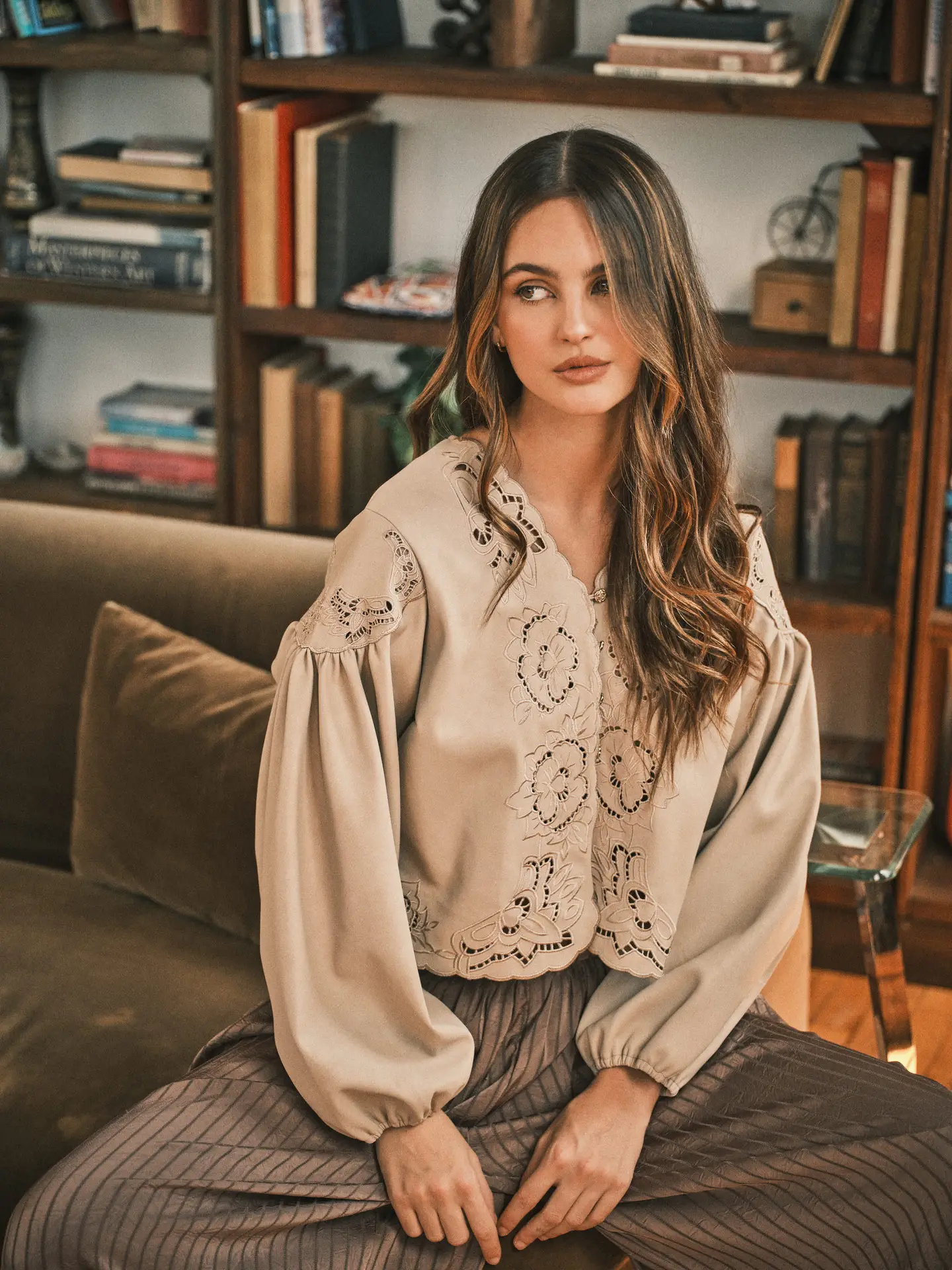Leather Embroidered Blouse Top | Stone
