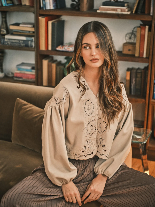 Leather Embroidered Blouse Top | Stone