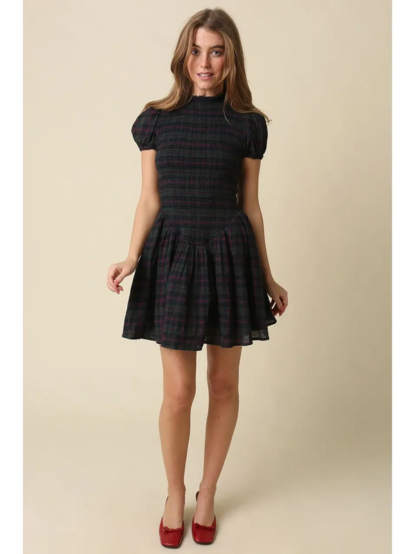 Rowan Plaid Smocked Mini Dress | Hunter Green and Brown