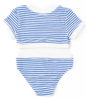 Ribbed Cropped Short Sleeve Girls Two-Piece Swimsuit | Cobalt Stripe