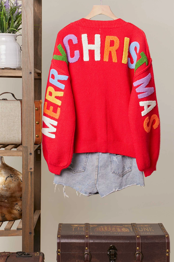 Christmas Lettering Patchwork V Neck Cardigan