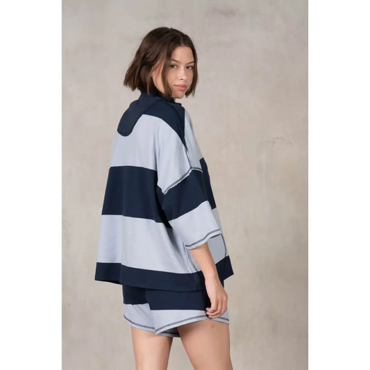 Yarn Dye Stripe Half Zip-Up Top & Shorts| Midnight Steel