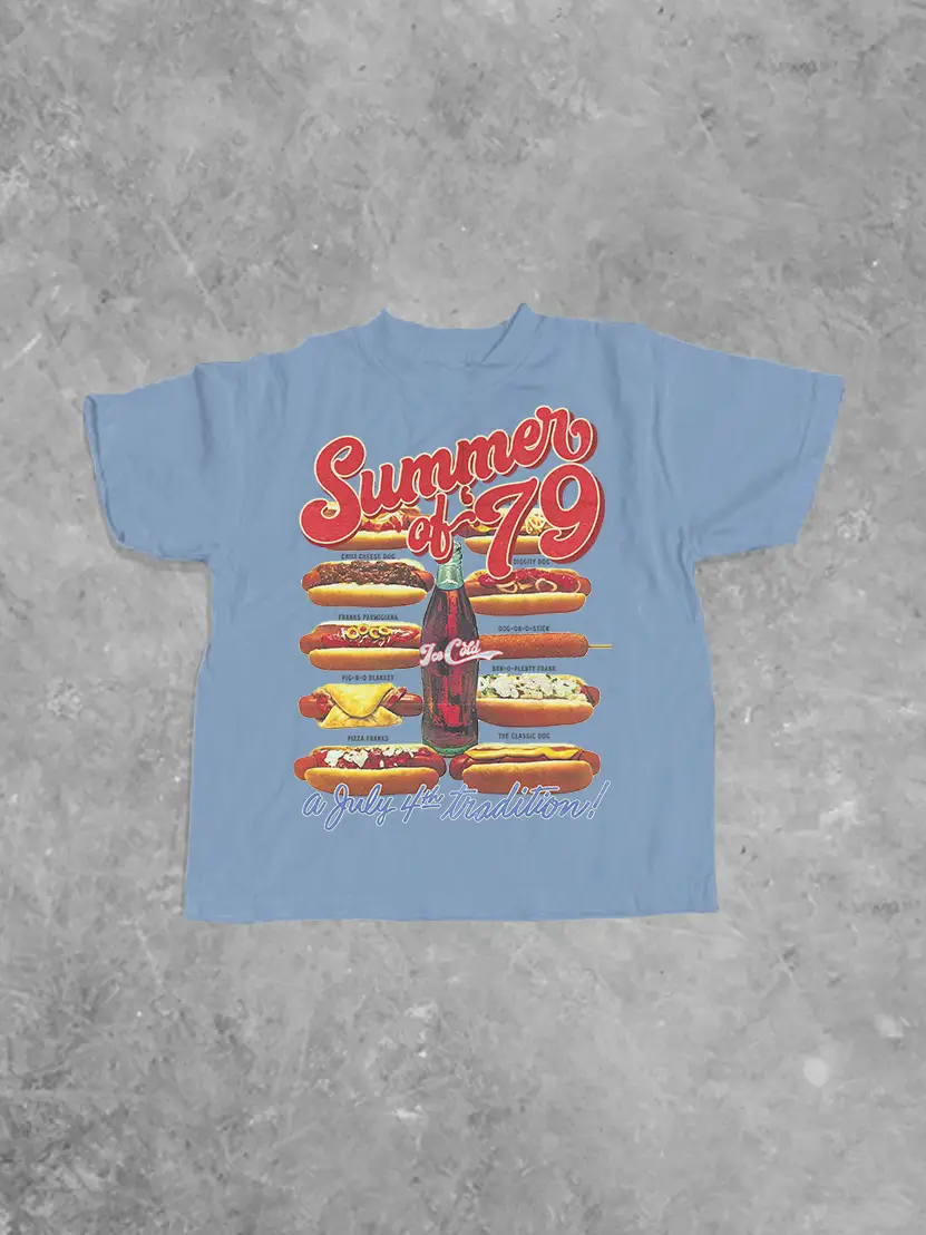 Kids Boxy 100% Cotton T-Shirt, Summer of '79 Hot Dogs | Light Blue