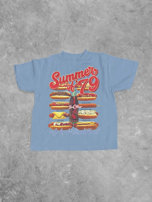 Kids Boxy 100% Cotton T-Shirt, Summer of '79 Hot Dogs | Light Blue