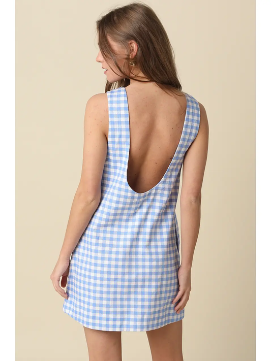 Rylie Gingham Open Back Mini Dress | Light Blue