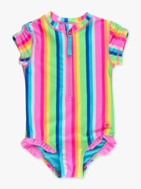 Short Sleeve Rash Guard One Piece Swimsuit | Neon Rainbow Stripe