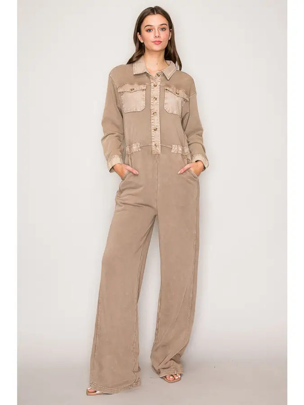Washed Long Sleeve Cargo Jumpsuit | Washed Mocha