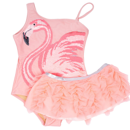 Pink Flamingo Girls Sequin One Piece & Tutu Swim Set