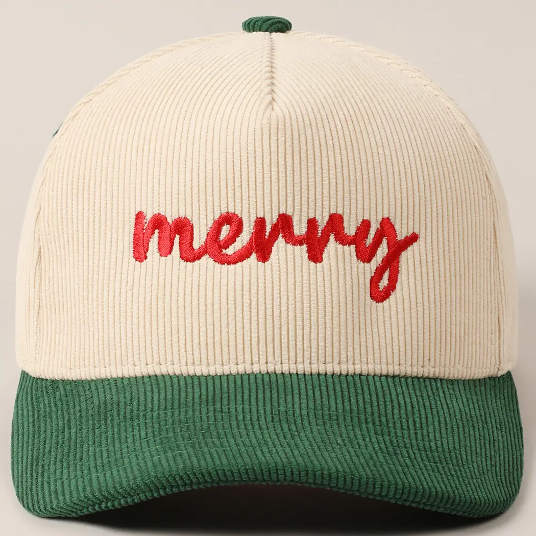 Merry Text Embroidery Two-Tone Corduroy Cap