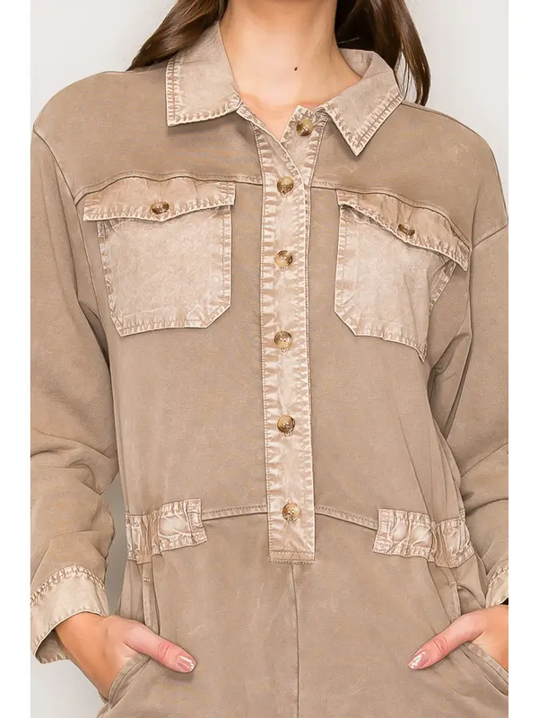 Washed Long Sleeve Cargo Jumpsuit | Washed Mocha