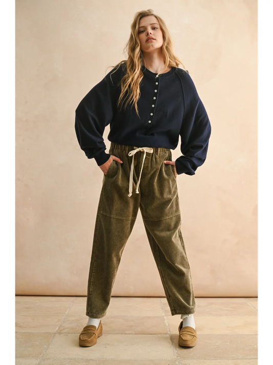 Washed Effect Corduroy Pants | Olive