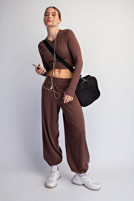 COTTON LYCRA CROSSOVER LONG SLEEVE SET | MOCHA