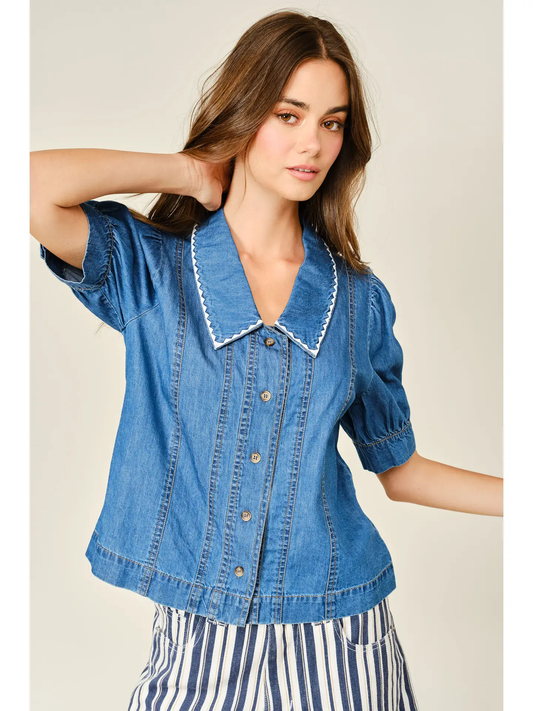 Collar Embroidered Denim Button Down Shirt